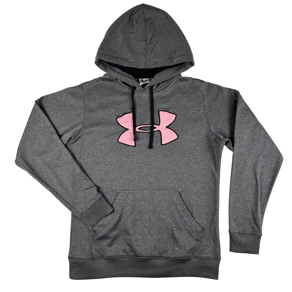 Under Armour Hoodie Sweatshirt Womens Medium Gray Big Logo Fleece Pullover